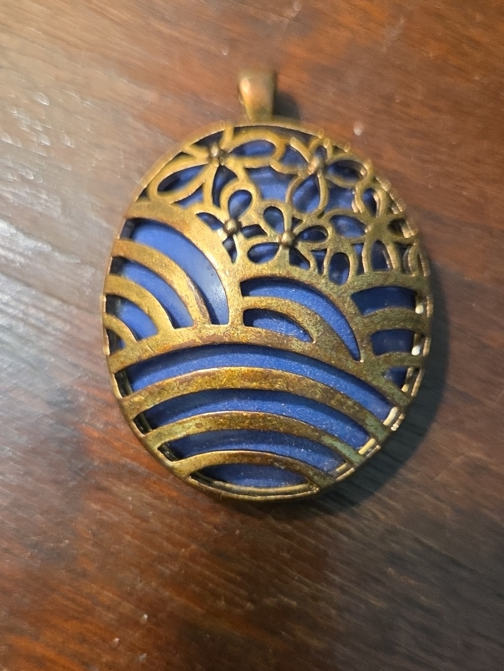 Lucky Brand Brass Filigree Pendant with Blue Inlay